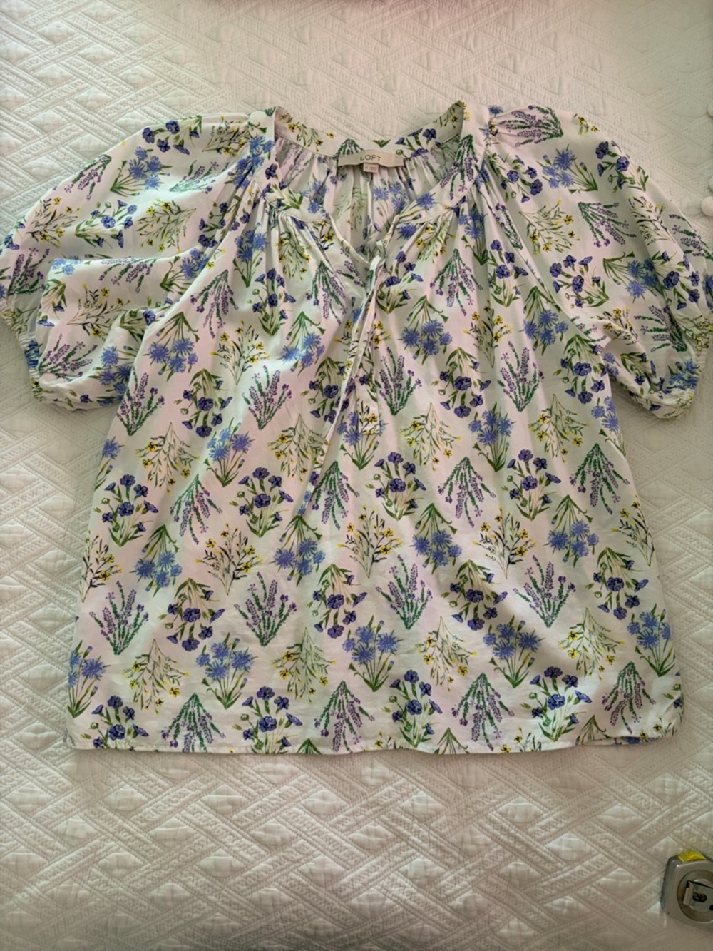 LOFT White Floral Tie-Neck Blouse with Blue & Green Print